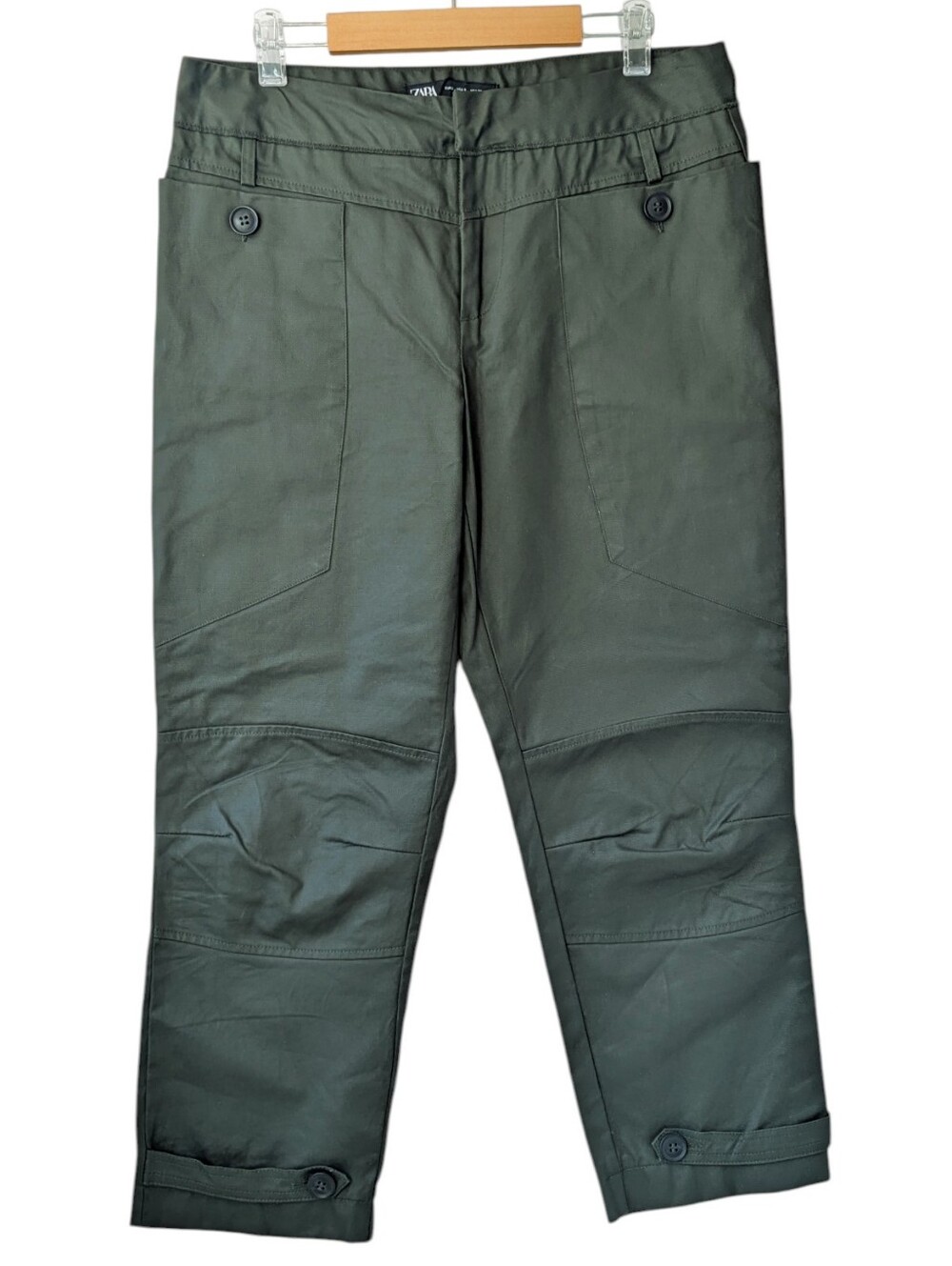 Zara Waxed Cotton Olive Green Utility Slim Ankle Pants